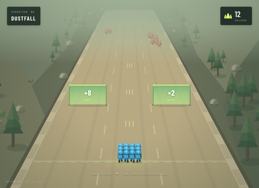 Frontline squad battling monsters on a three-lane battlefield